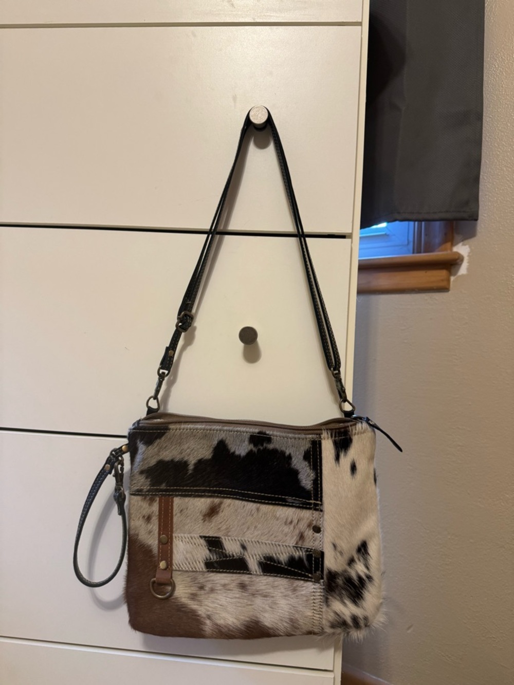 Myra Bag Cowhide Patchwork Shoulder Bag in Black, White & Brown